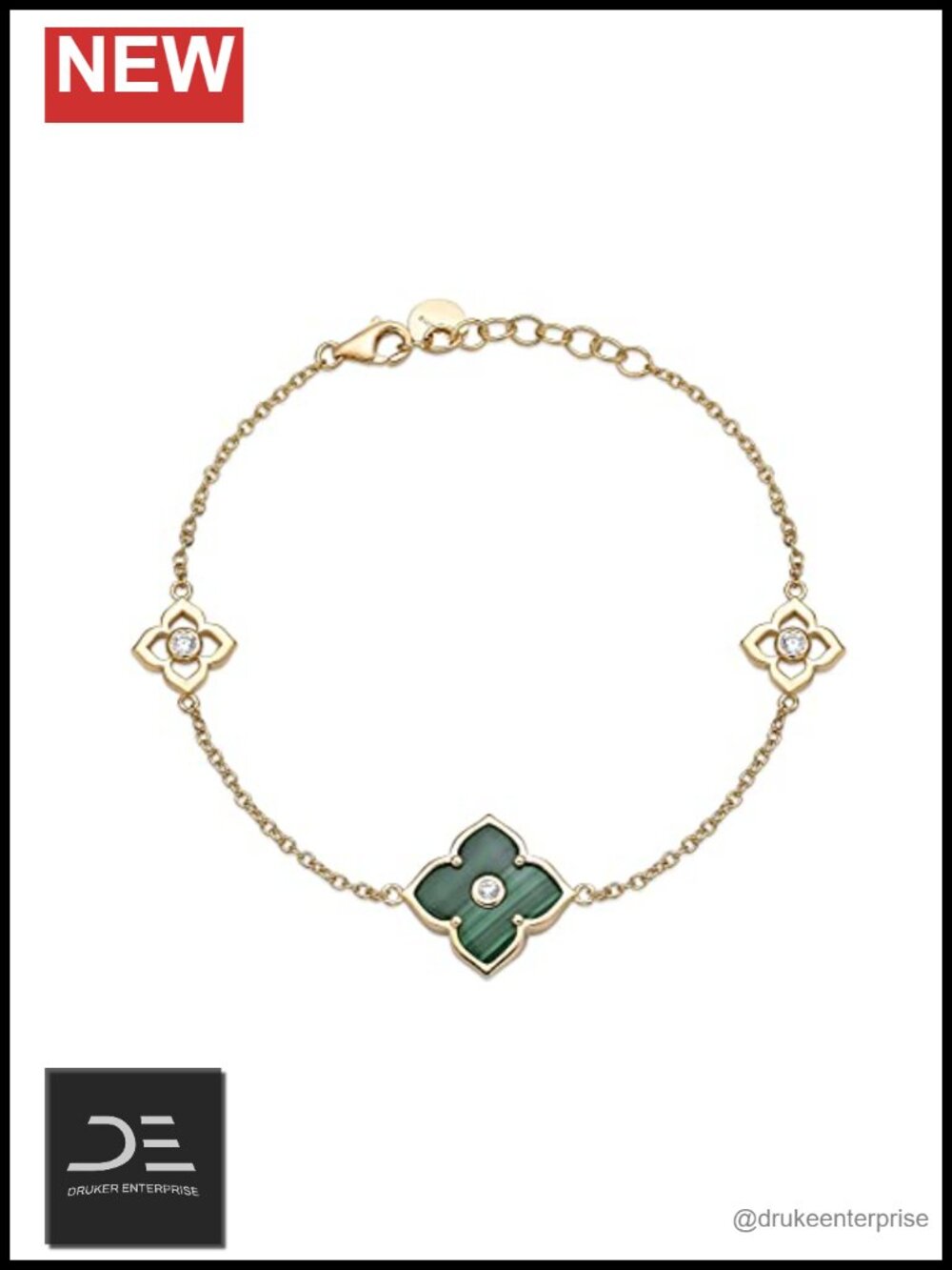 Gold Plated Sterling Silver Flower Bracelet for Women Malachite Crystal Jewelry